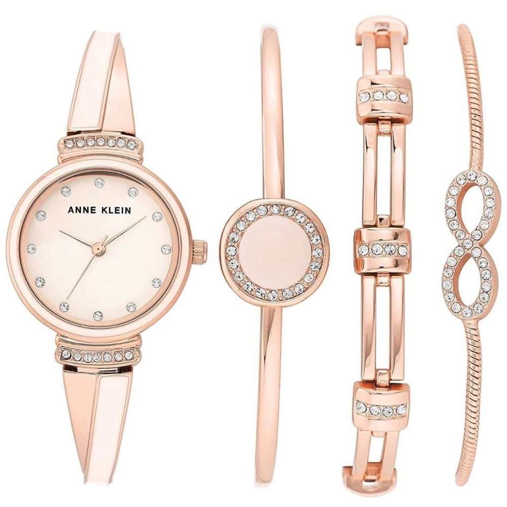 Anne Klein Rose Gold Crystal Accented Watch and Bracelet Set